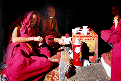 Tibetan monks lounging in monastery